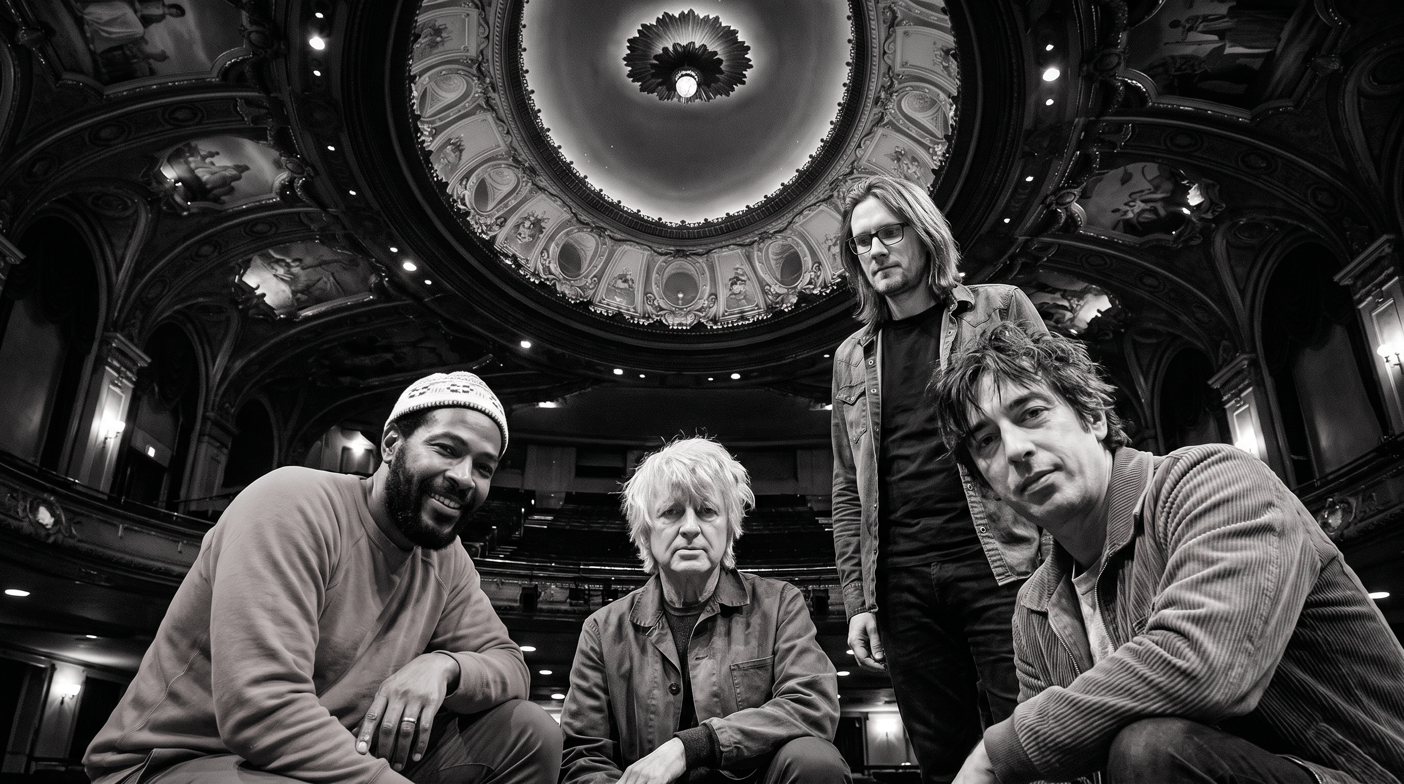 Group portrait of this week's artists: Crowded House, Marvin Gaye, Longpigs, Steven Wilson
