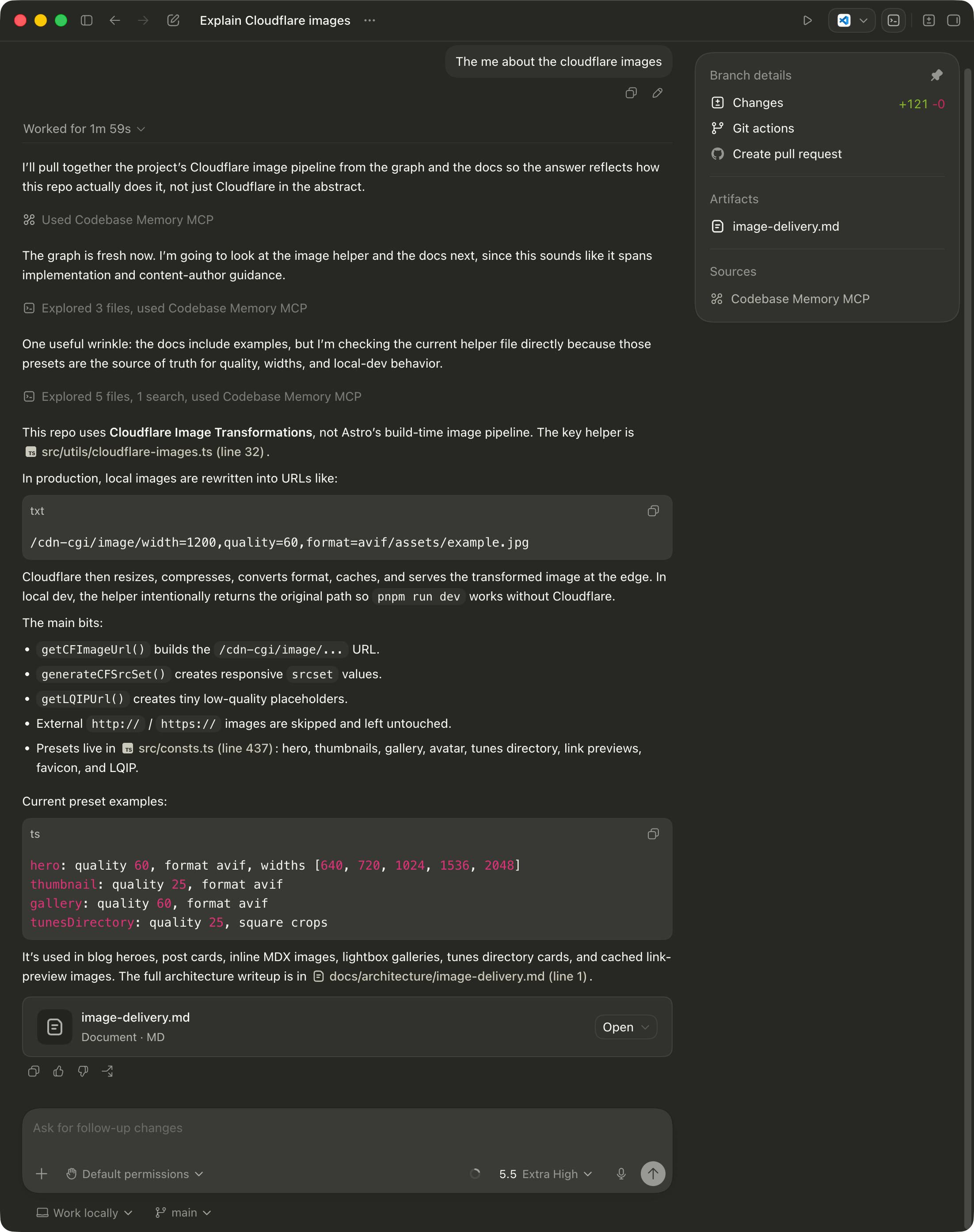 The agent answering a question about Cloudflare images by calling search_graph and get_code_snippet against the indexed blog repo