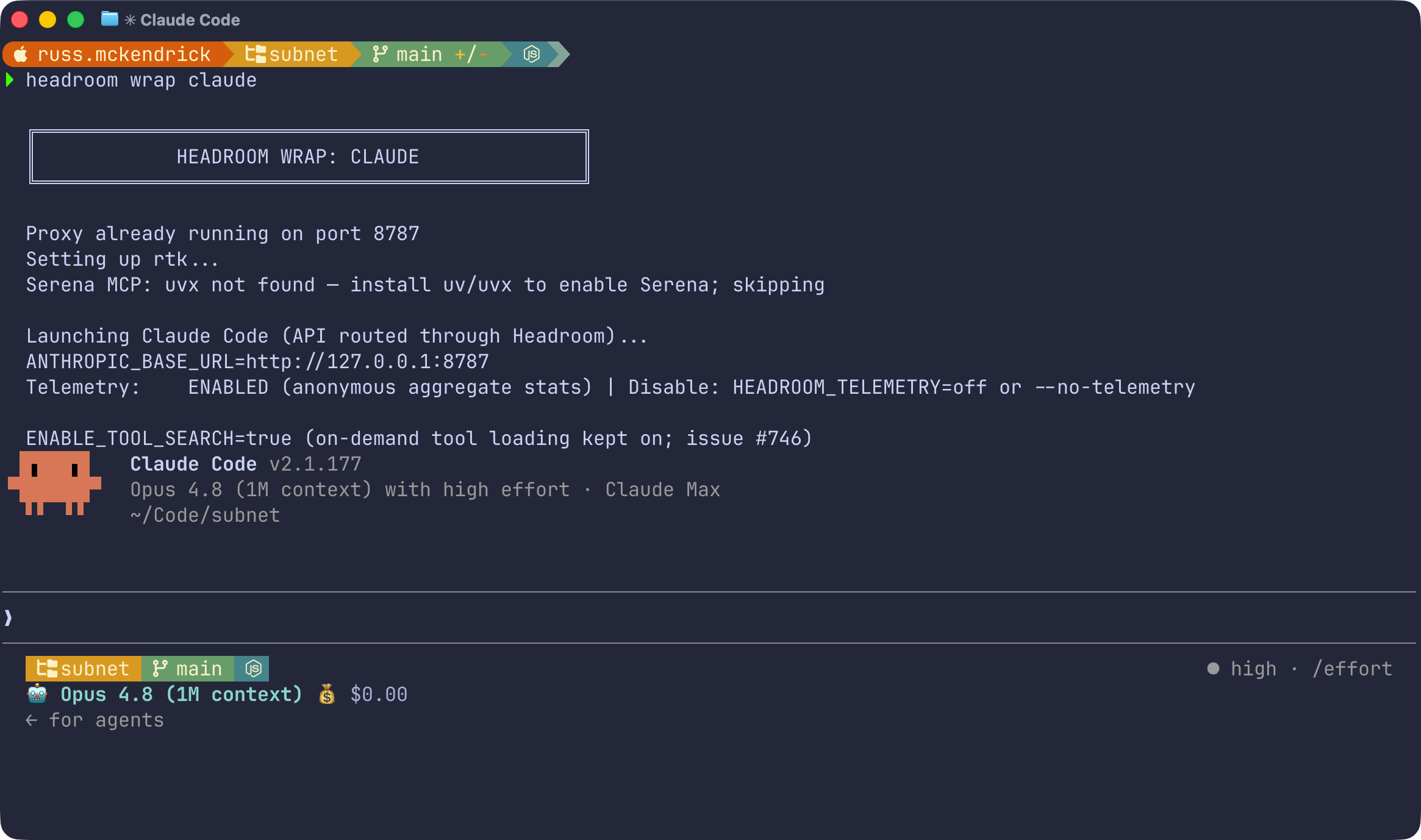 Terminal showing headroom init configuring Claude Code and Codex, registering the MCP retrieve tool, and the headroom wrap claude command starting the proxy