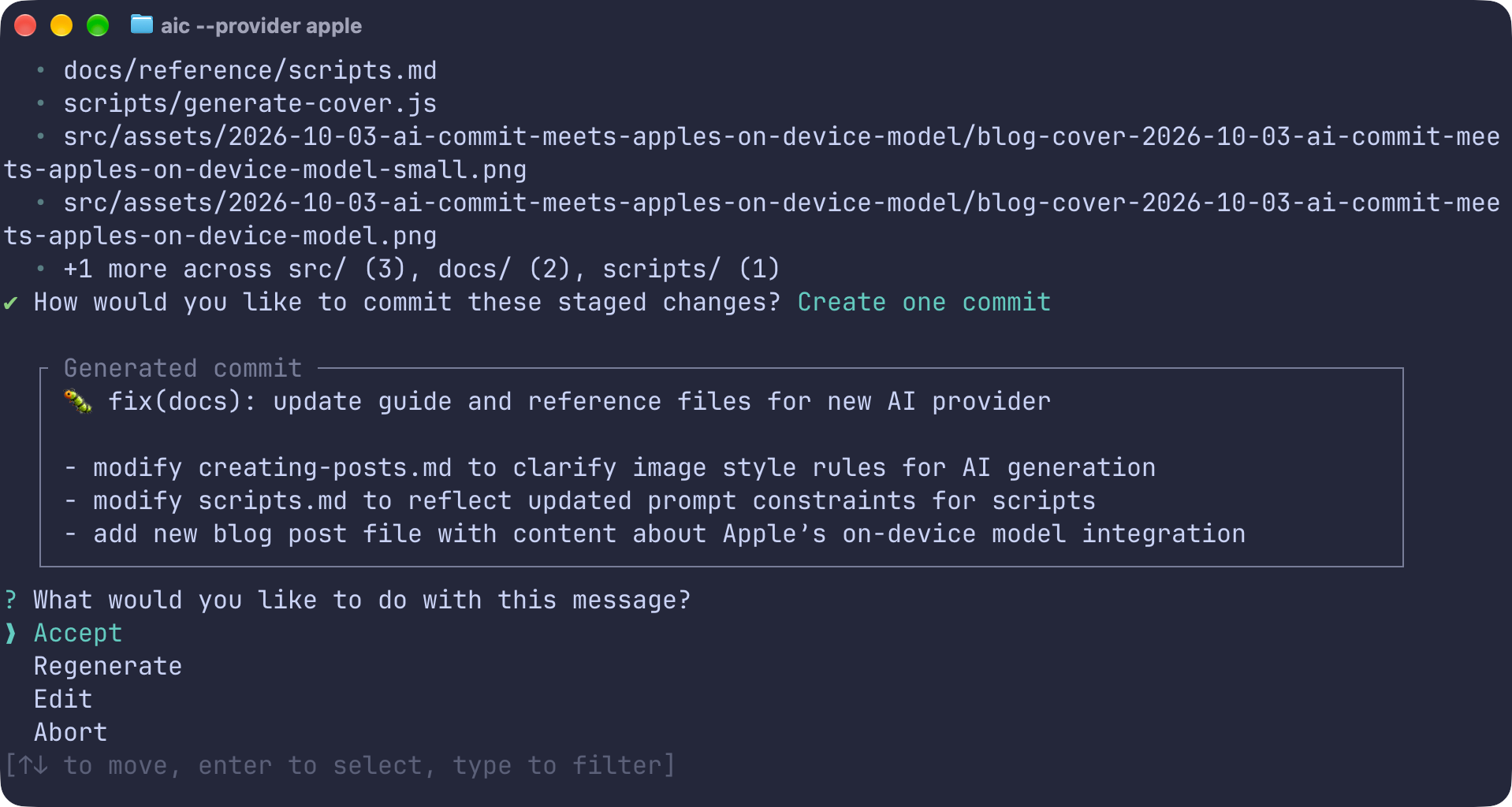 aic running with the apple provider, showing the staged workflow file and the generated commit message in a card
