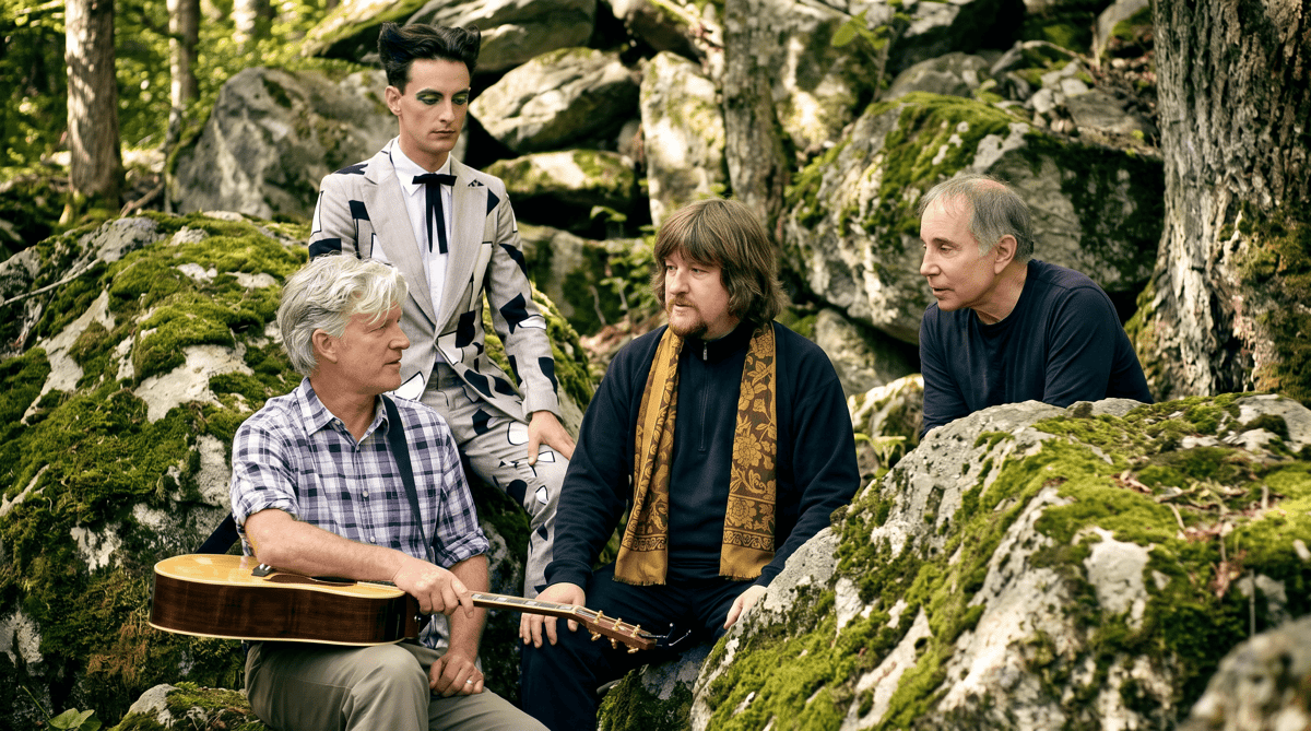 Group portrait of this week's artists: The Soundtrack of Our Lives, Split Enz, Paul Simon, Tim Finn