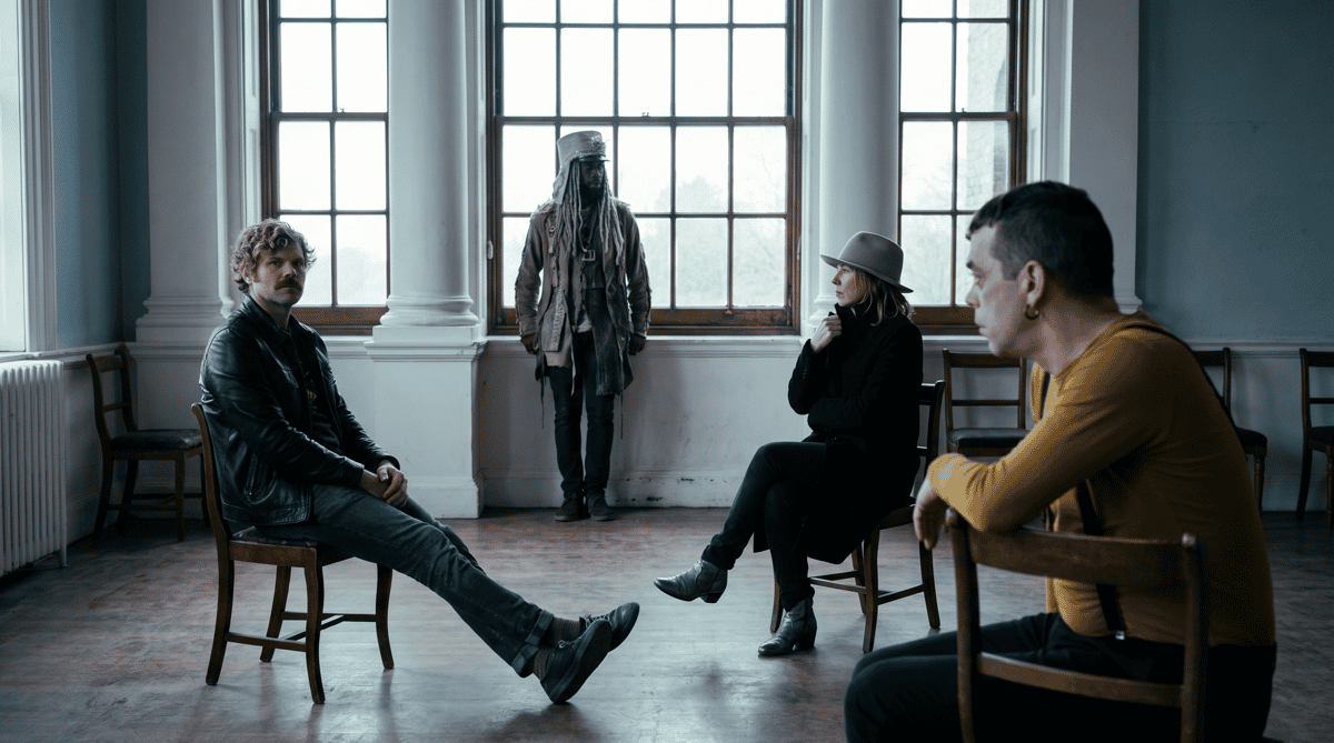 Group portrait of this week's artists: Slowdive, Beth Orton, Funkadelic, Ian Dury