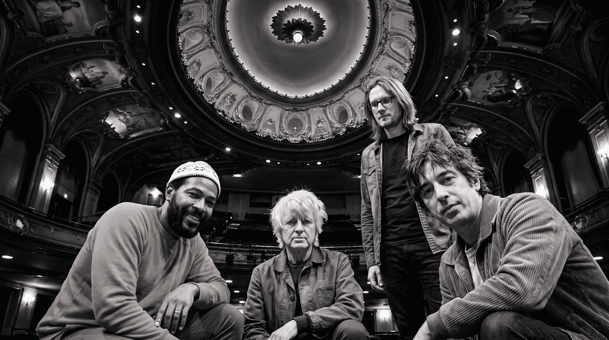 Group portrait of this week's artists: Crowded House, Marvin Gaye, Longpigs, Steven Wilson