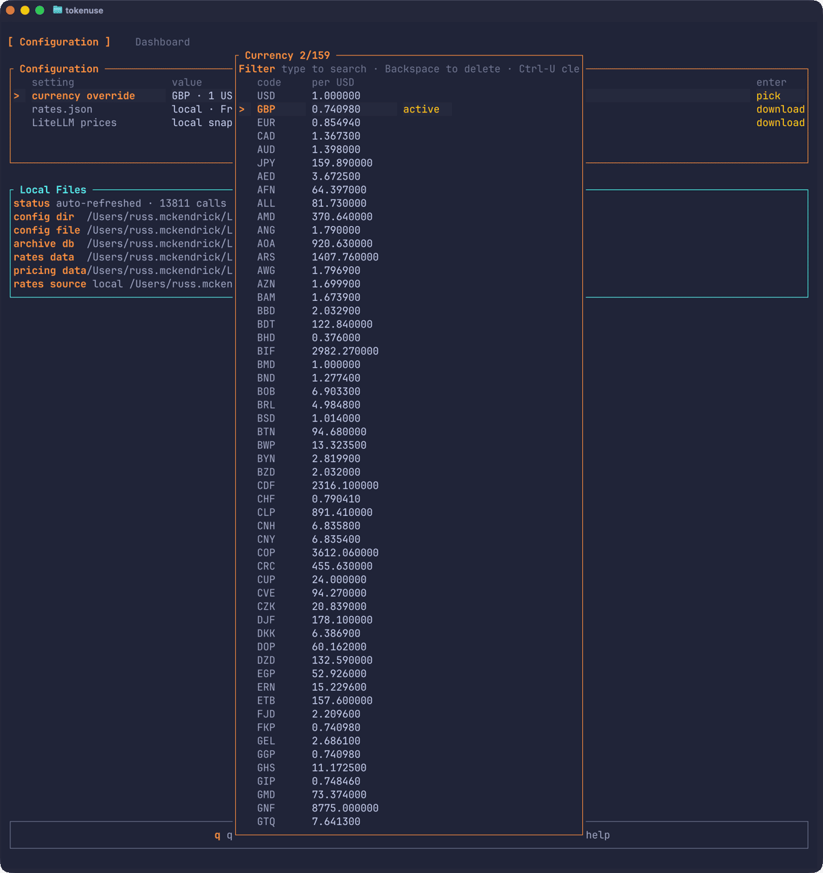 The Config page with the currency picker overlay open, showing GBP selected from 159 currencies