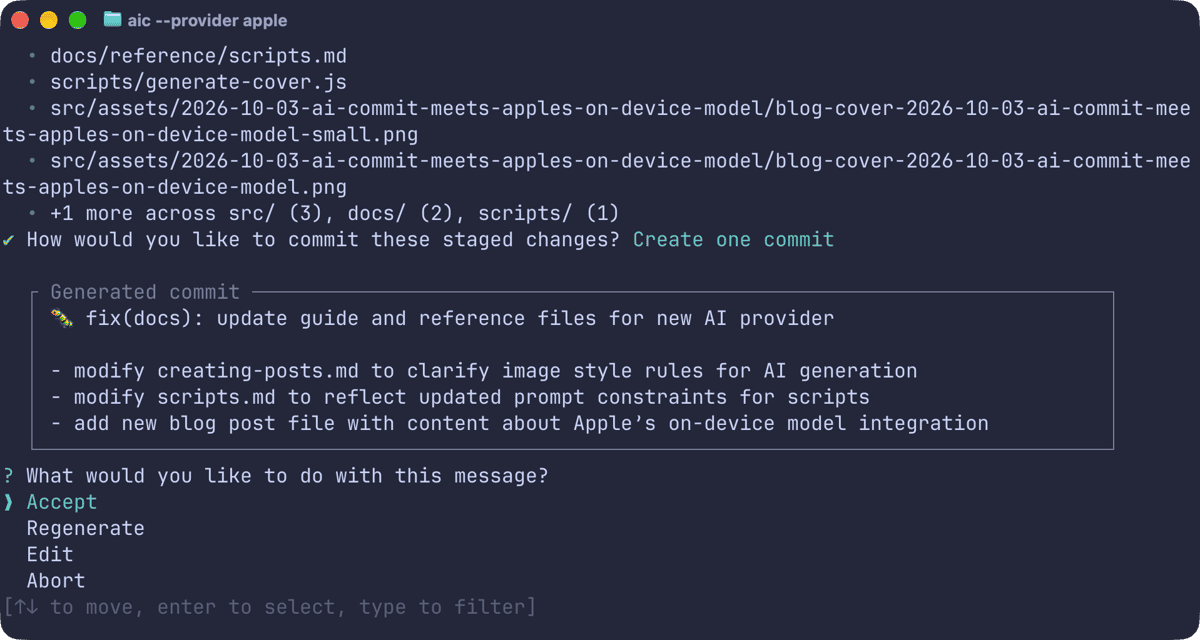 aic running with the apple provider, showing the staged workflow file and the generated commit message in a card