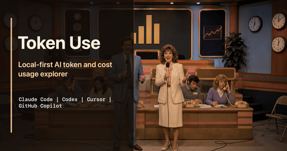 Token Use social preview showing a broadcast studio for AI coding token and cost usage tracking.